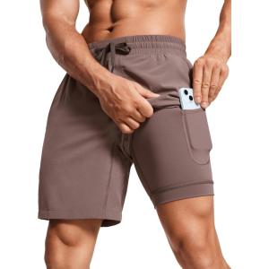 CRZ YOGA Mens 2 in 1 Running Shorts 7″ – Lined Workout Quick Dry Lightweight for Sports Athletic with Pockets(Brown Rock)