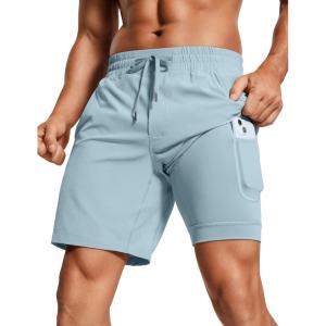 CRZ YOGA Mens 2 in 1 Running Shorts 7″ – Lined Workout Quick Dry Lightweight for Sports Athletic with Pockets(Light Grayish Blue)