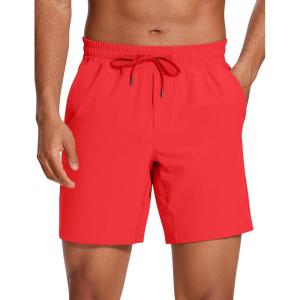 CRZ YOGA Men’s Linerless Workout Shorts 7” – Quick Dry for Running Sports Athletic Gym with Pockets(Deep Red)