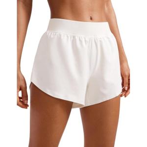CRZ YOGA Mid Waisted Split Running Shorts for Women 4″ – Comfy Mesh Liner for Workout Athletic Gym Track Quick Dry(Milky White (Bone))
