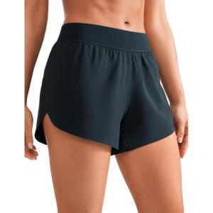 CRZ YOGA Mid Waisted Split Running Shorts for Women 4″ – Comfy Mesh Liner for Workout Athletic Gym Track Quick Dry(True Navy)