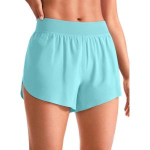 CRZ YOGA Mid Waisted Split Running Shorts for Women 4″ – Comfy Mesh Liner for Workout Athletic Gym Track Quick Dry(Turquoise)
