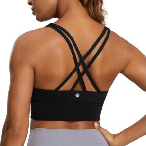 CRZ YOGA Naked Feeling Strappy Longline Sports Bras for Women – Medium Impact Criss Cross Yoga Padded Workout Crop Top(Black)