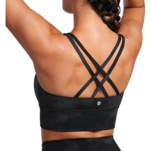 CRZ YOGA Naked Feeling Strappy Longline Sports Bras for Women – Medium Impact Criss Cross Yoga Padded Workout Crop Top(Black Tie Dye Flowers)