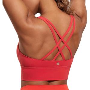 CRZ YOGA Naked Feeling Strappy Longline Sports Bras for Women – Medium Impact Criss Cross Yoga Padded Workout Crop Top(Crimson)