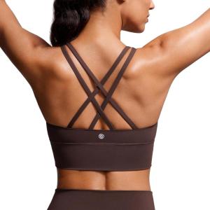 CRZ YOGA Naked Feeling Strappy Longline Sports Bras for Women – Medium Impact Criss Cross Yoga Padded Workout Crop Top(Hot Fudge Brown)