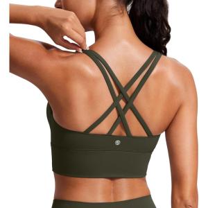 CRZ YOGA Naked Feeling Strappy Longline Sports Bras for Women – Medium Impact Criss Cross Yoga Padded Workout Crop Top(Olive Green)