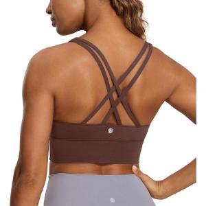 CRZ YOGA Naked Feeling Strappy Longline Sports Bras for Women – Medium Impact Criss Cross Yoga Padded Workout Crop Top(Taupe)