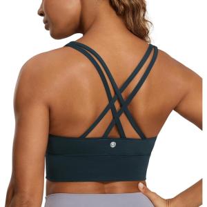 CRZ YOGA Naked Feeling Strappy Longline Sports Bras for Women – Medium Impact Criss Cross Yoga Padded Workout Crop Top(True Navy)