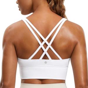 CRZ YOGA Naked Feeling Strappy Longline Sports Bras for Women – Medium Impact Criss Cross Yoga Padded Workout Crop Top(White)