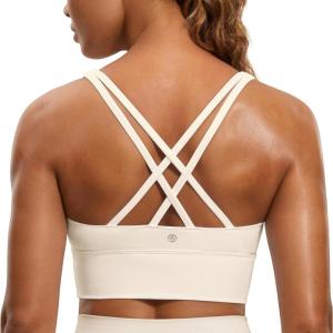CRZ YOGA Naked Feeling Strappy Longline Sports Bras for Women – Medium Impact Criss Cross Yoga Padded Workout Crop Top(White Apricot)