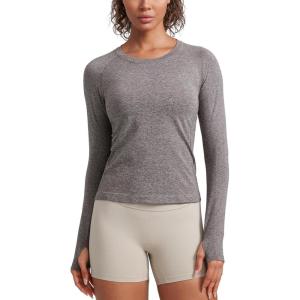 CRZ YOGA Seamless Long Sleeve Shirts for Women Waist – Workout Athletic Running Gym Yoga Tops Crewneck Breathable Quick Dry(Hot Fudge Brown Heather)