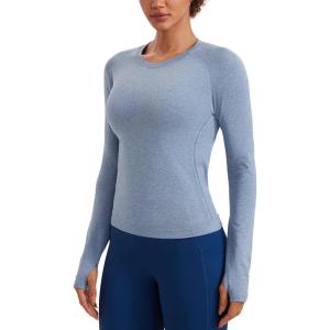 CRZ YOGA Seamless Long Sleeve Shirts for Women Waist – Workout Athletic Running Gym Yoga Tops Crewneck Breathable Quick Dry(Oasis Blue Heather)