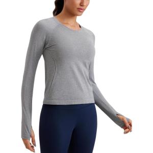 CRZ YOGA Seamless Long Sleeve Shirts for Women Waist – Workout Athletic Running Gym Yoga Tops Crewneck Breathable Quick Dry(Slate Grey Marl)