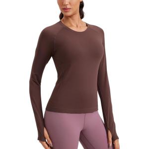 CRZ YOGA Seamless Long Sleeve Shirts for Women Waist – Workout Athletic Running Gym Yoga Tops Crewneck Breathable Quick Dry(Taupe)