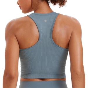 CRZ YOGA Seamless Ribbed High Neck Crop Tank Tops for Women – Longline Racerback Padded Sports Bras(Belgian Blue)