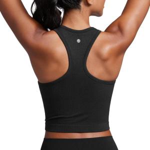 CRZ YOGA Seamless Ribbed High Neck Crop Tank Tops for Women – Longline Racerback Padded Sports Bras(Black)