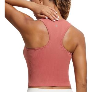 CRZ YOGA Seamless Ribbed High Neck Crop Tank Tops for Women – Longline Racerback Padded Sports Bras(Briar Rose)