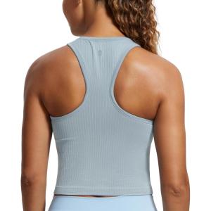 CRZ YOGA Seamless Ribbed High Neck Crop Tank Tops for Women – Longline Racerback Padded Sports Bras(Cambric Blue)