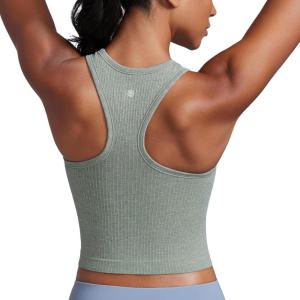CRZ YOGA Seamless Ribbed High Neck Crop Tank Tops for Women – Longline Racerback Padded Sports Bras(Dark Green Heather)