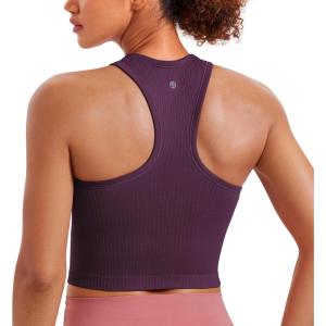 CRZ YOGA Seamless Ribbed High Neck Crop Tank Tops for Women – Longline Racerback Padded Sports Bras(Deep Purple)