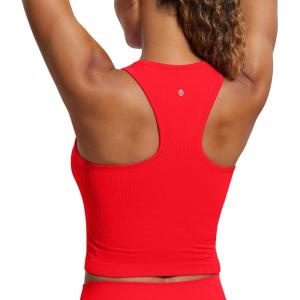 CRZ YOGA Seamless Ribbed High Neck Crop Tank Tops for Women – Longline Racerback Padded Sports Bras(Deep Red)