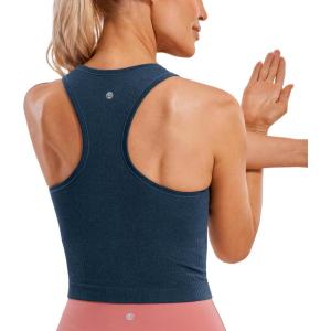 CRZ YOGA Seamless Ribbed High Neck Crop Tank Tops for Women – Longline Racerback Padded Sports Bras(French Navy)
