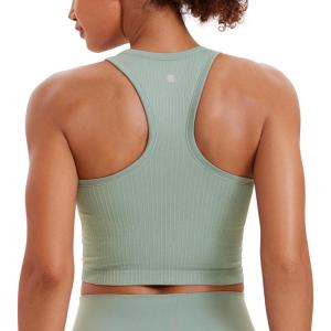 CRZ YOGA Seamless Ribbed High Neck Crop Tank Tops for Women – Longline Racerback Padded Sports Bras(Green Palm Court)