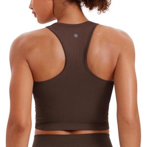 CRZ YOGA Seamless Ribbed High Neck Crop Tank Tops for Women – Longline Racerback Padded Sports Bras(Hot Fudge Brown)