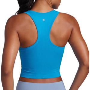 CRZ YOGA Seamless Ribbed High Neck Crop Tank Tops for Women – Longline Racerback Padded Sports Bras(Madagascar Blue)