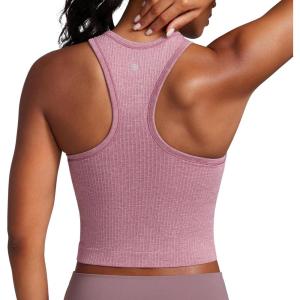CRZ YOGA Seamless Ribbed High Neck Crop Tank Tops for Women – Longline Racerback Padded Sports Bras(Misty Merlot Heather)