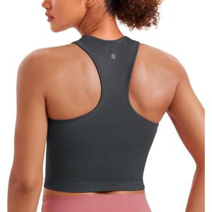 CRZ YOGA Seamless Ribbed High Neck Crop Tank Tops for Women – Longline Racerback Padded Sports Bras(Mysterious Grey)