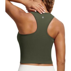 CRZ YOGA Seamless Ribbed High Neck Crop Tank Tops for Women – Longline Racerback Padded Sports Bras(Olive Green)