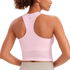 CRZ YOGA Seamless Ribbed High Neck Crop Tank Tops for Women – Longline Racerback Padded Sports Bras(Strawberry Pink)