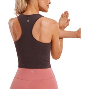 CRZ YOGA Seamless Ribbed High Neck Crop Tank Tops for Women – Longline Racerback Padded Sports Bras(Taupe)