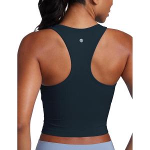 CRZ YOGA Seamless Ribbed High Neck Crop Tank Tops for Women – Longline Racerback Padded Sports Bras(True Navy)