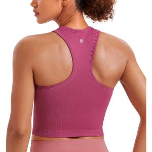 CRZ YOGA Seamless Ribbed High Neck Crop Tank Tops for Women – Longline Racerback Padded Sports Bras(Washed Mauve)