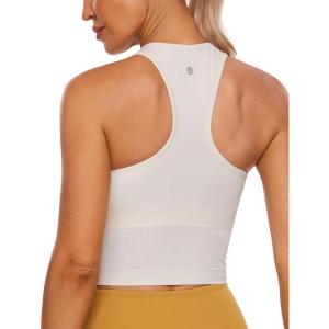 CRZ YOGA Seamless Ribbed High Neck Crop Tank Tops for Women – Longline Racerback Padded Sports Bras(White Apricot)