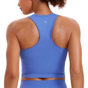 CRZ YOGA Seamless Ribbed High Neck Crop Tank Tops for Women – Longline Racerback Padded Sports Bras(Wild Indigo)