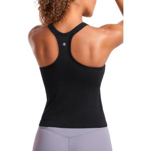 CRZ YOGA Seamless Ribbed Scoop Neck Tank Top for Women – Workout Racerback Padded Athletic Camisole with Built in Bra(Black)