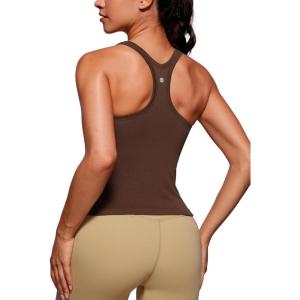 CRZ YOGA Seamless Ribbed Scoop Neck Tank Top for Women – Workout Racerback Padded Athletic Camisole with Built in Bra(Coffee Brown)
