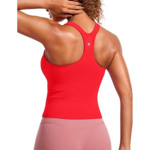 CRZ YOGA Seamless Ribbed Scoop Neck Tank Top for Women – Workout Racerback Padded Athletic Camisole with Built in Bra(Deep Red)
