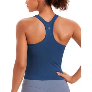 CRZ YOGA Seamless Ribbed Scoop Neck Tank Top for Women – Workout Racerback Padded Athletic Camisole with Built in Bra(French Navy)