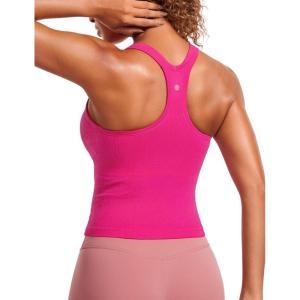 CRZ YOGA Seamless Ribbed Scoop Neck Tank Top for Women – Workout Racerback Padded Athletic Camisole with Built in Bra(Granita Pink)