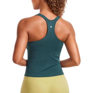 CRZ YOGA Seamless Ribbed Scoop Neck Tank Top for Women – Workout Racerback Padded Athletic Camisole with Built in Bra(Green Jade)