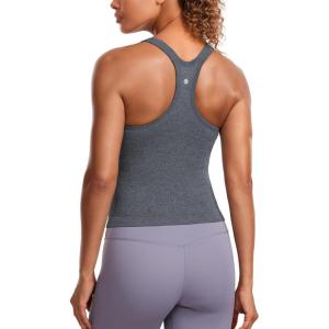 CRZ YOGA Seamless Ribbed Scoop Neck Tank Top for Women – Workout Racerback Padded Athletic Camisole with Built in Bra(Light Gray 7)