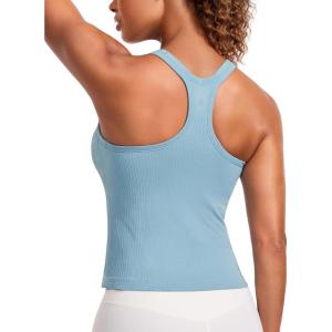 CRZ YOGA Seamless Ribbed Scoop Neck Tank Top for Women – Workout Racerback Padded Athletic Camisole with Built in Bra(Pure Blue)