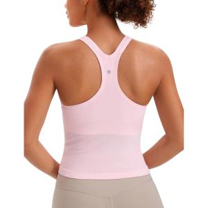 CRZ YOGA Seamless Ribbed Scoop Neck Tank Top for Women – Workout Racerback Padded Athletic Camisole with Built in Bra(Strawberry Pink)