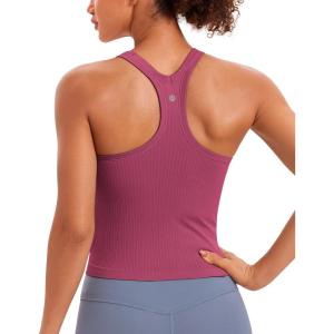 CRZ YOGA Seamless Ribbed Scoop Neck Tank Top for Women – Workout Racerback Padded Athletic Camisole with Built in Bra(Washed Mauve)