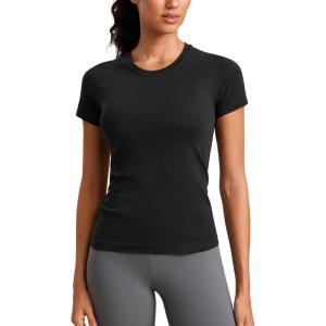 CRZ YOGA Seamless Workout Tops for Women Hip Length – Athletic Running Gym Yoga Short Sleeve Shirts Breathable Crewneck Tees(Black)